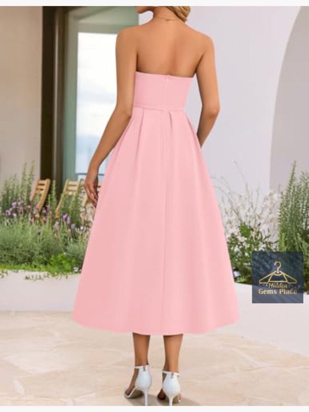 Strapless Cocktail Midi Dress Flowy A-Line Wedding Guest Party Dress - Picture 5 of 7